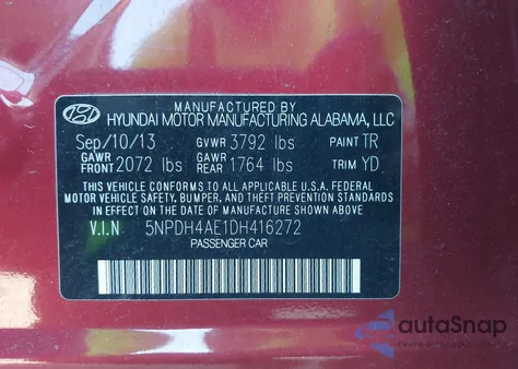 2013 Hyundai Elantra Gls из США, поврежденный, VIN 5NPDH4AE1DH416272